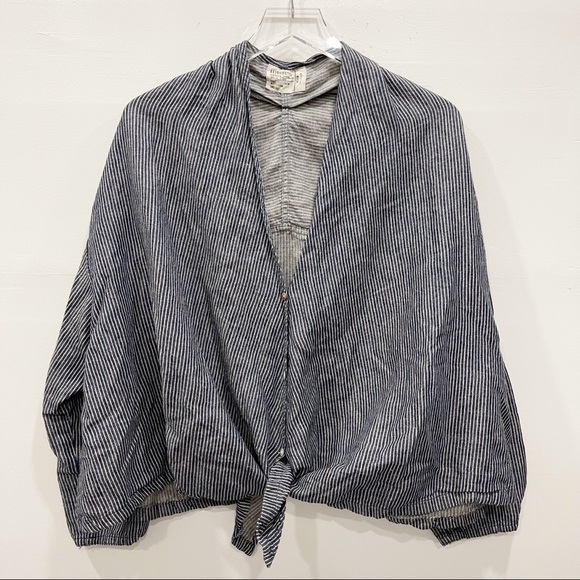 Alternative Button Front Oversized Tie-Front Stripe Top Oversized Lagenlook M - Picture 1 of 13